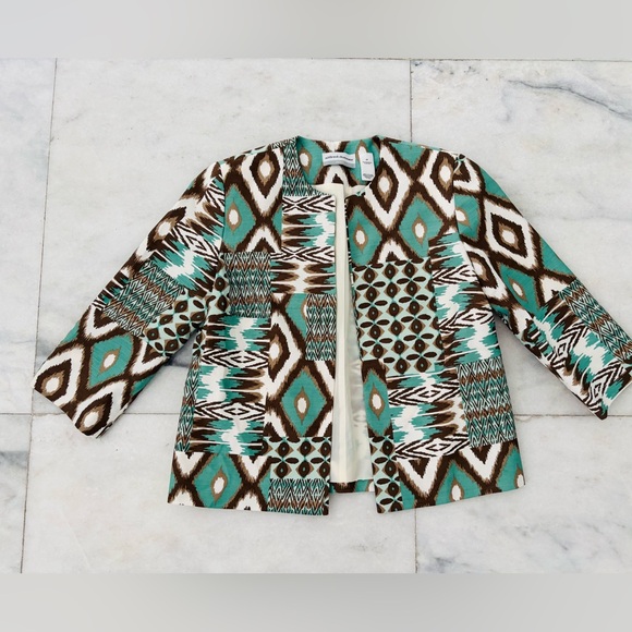 VTG Alfred Dunner Blazer Green Brown Geometric Aztec Open Women 6P Artsy Office - Picture 3 of 9